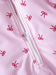 SHEIN Newborn Baby Bow Print Raglan Long Sleeve Zipper Front Casual One-Piece Swimsuit - Pink - View 7