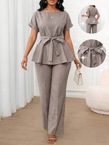 SHEIN Lady 女款時尚簡約繫帶上衣與寬鬆休閒長褲兩件套，適合商務辦公 - 摩卡棕 - 查看 1