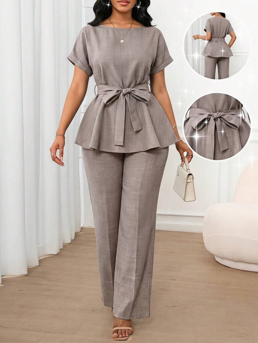SHEIN Lady 女款時尚簡約繫帶上衣與寬鬆休閒長褲兩件套,適合商務辦公 - 摩卡棕 - 查看 1