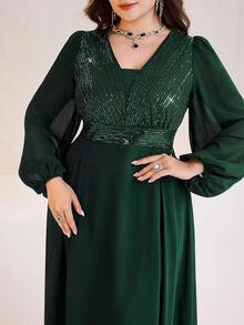 Modelyn Plus Size Women's Solid Color Patchwork Sequin Lantern Sleeve Elegant Dress - Dark Green - View 1