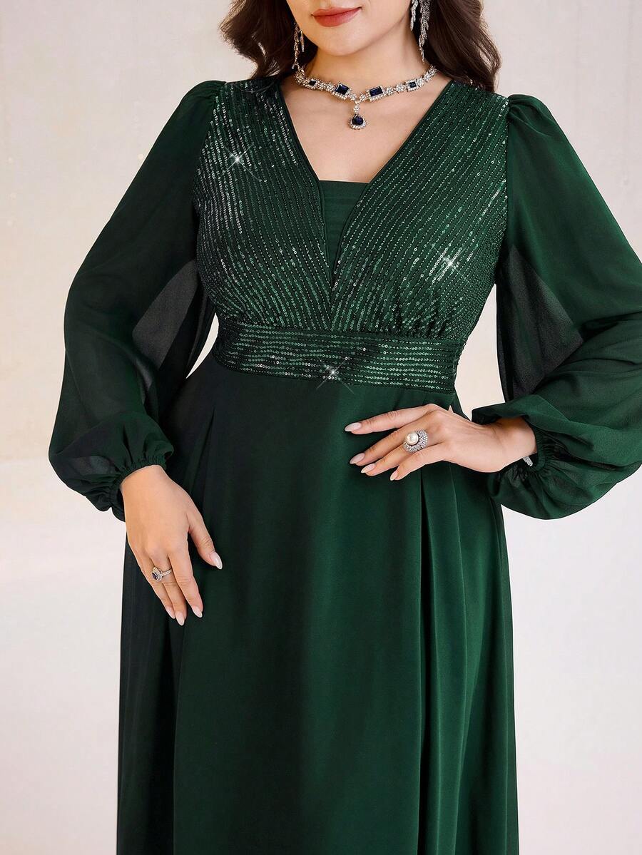 Modelyn Plus Size Women's Solid Color Patchwork Sequin Lantern Sleeve Elegant Dress - Dark Green - View 1