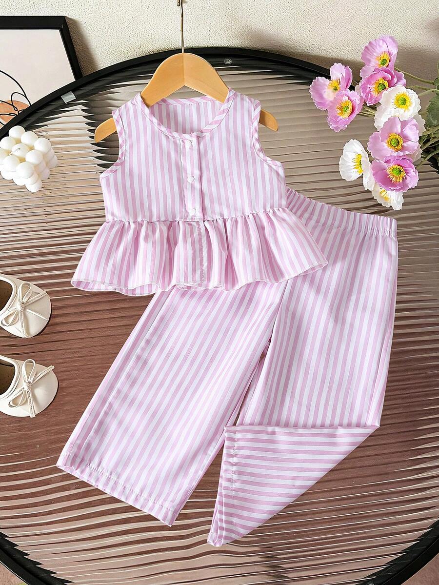 SHEIN 2件組女嬰幼兒/新生兒0-3歲春夏休閒甜美日常度假條紋編織無袖背心上衣寬腿褲套裝 - 粉色 - 查看 1