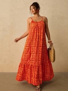 Travachic Plus Size Sleeveless Spaghetti Strap Geometric Print Dress Vacation Red Summer Boho Beach Vacation - Orange - View 5