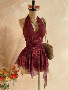 Soleia 女士性感露背撞色蕾丝植物印花迷你连衣裙，适合海滩度假 - 酒紅色 - 查看 5