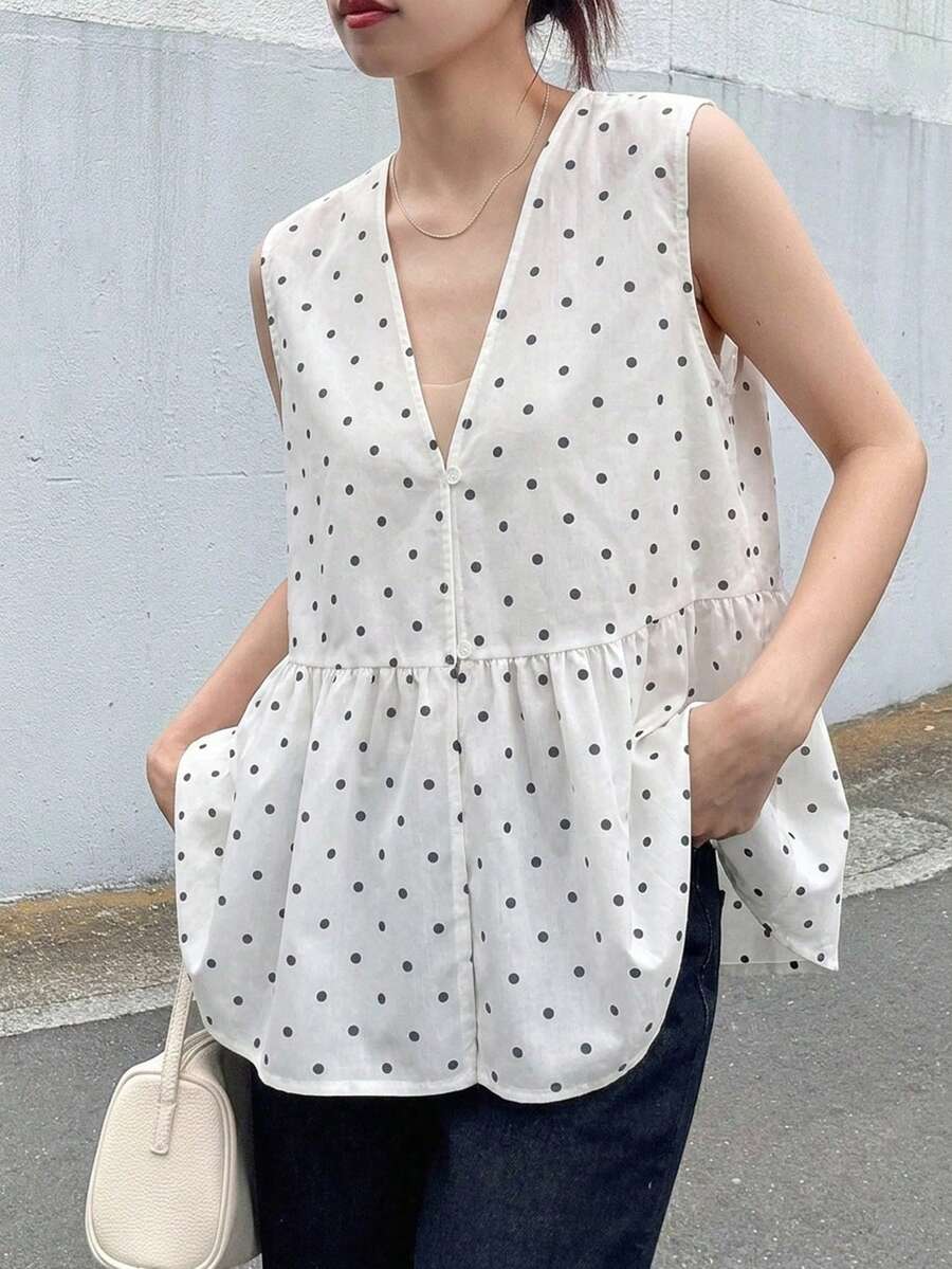 FRIFUL 女款 V 領紋理布料寬鬆背心 無袖常規外穿夏季背心 - 黑與白 - 查看 1