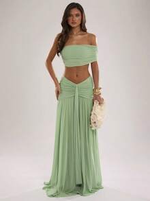 SHEIN BAE Spring/Summer Women's Casual Vacation Green Bandeau Ruched Top With Waist Ruched Long Skirt Elegant Solid Color Green 2-Piece Set, Suitable For Beach Vacation, Beach Holiday, Sisters Casual Vacation Green Set, Elegant Long Set - Green - View 1