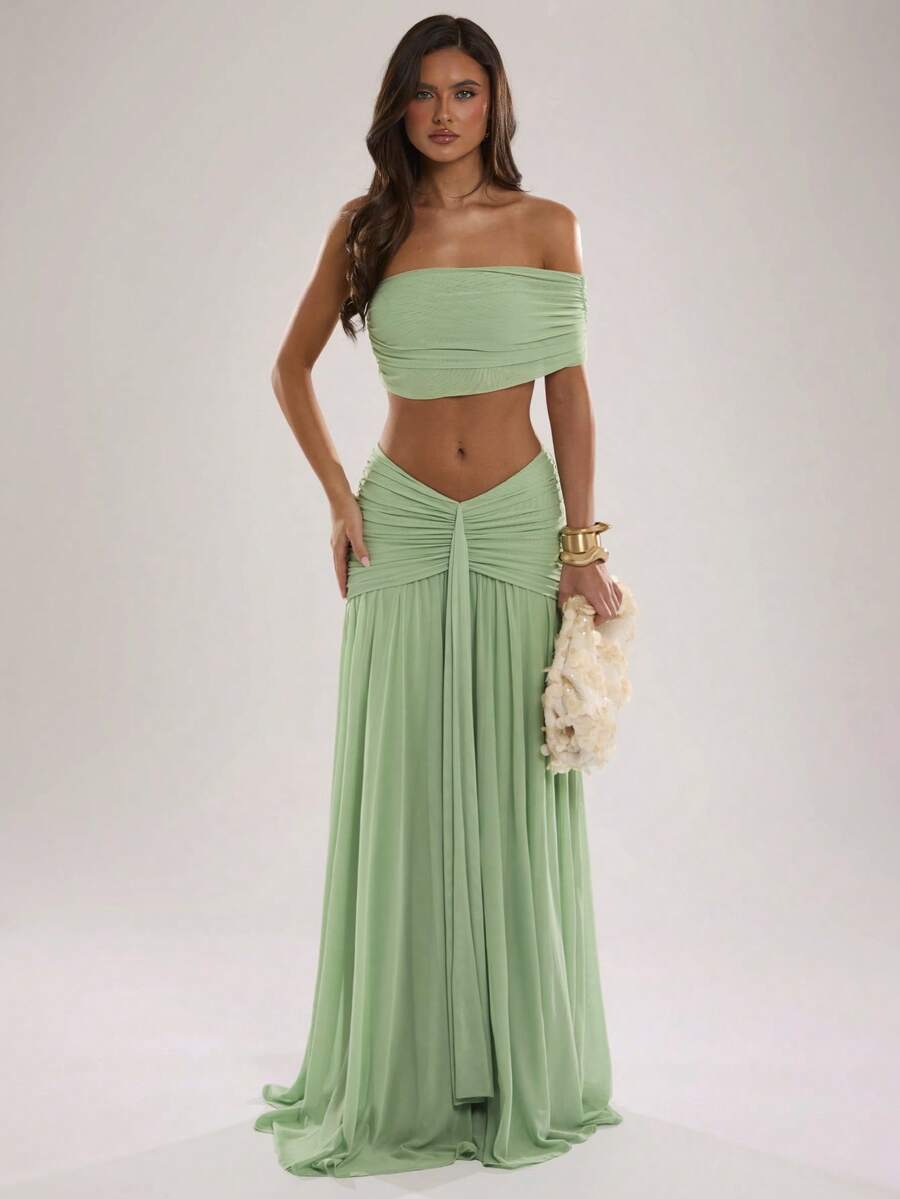 SHEIN BAE Spring/Summer Women's Casual Vacation Green Bandeau Ruched Top With Waist Ruched Long Skirt Elegant Solid Color Green 2-Piece Set, Suitable For Beach Vacation, Beach Holiday, Sisters Casual Vacation Green Set, Elegant Long Set - Green - View 1