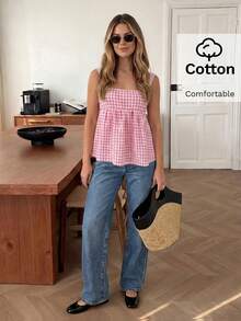 Easowa Blouse sans manches à carreaux avec nœud au dos et ourlet à volants pour femmes - Rose bonbon - Voir 5