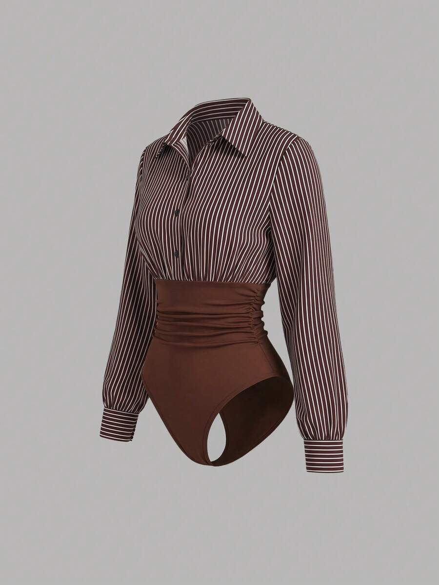 Sweetra Plus Size Brown Striped Waist-Cinched Bodysuits Shirt, Long Sleeve Lapel Slim Fit Flattering Bodysuits, Commuter Hot Girl Style Fall Winter - Brown - View 1