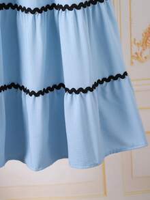 Teen Girls Fashion Casual Woven Bubble Textured Fabric Cropped Jacket With Long Skirt, Contrast Color Wavy Ribbon Trim, Eye-Catching Detail, Loose Fit, Comfortable, Suitable For Spring, Summer, Autumn, Daily Commute, Outings, Gatherings, Photo Shoots - Blue - View 7