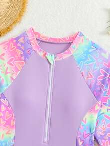 SHEIN 青少年女孩一件式長袖花卉愛心印花拉鍊連身泳衣 - 紫色 - 查看 3