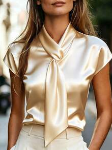 SHEIN Solid Color Collar Elegant Commuter Summer Short Sleeve Shirt, Satin Fabric, White Shirt, Loose Fit, Suitable For Commuting, Business, Party, Date Occasions, Spring/Summer Style Shirt - Champagne - View 6