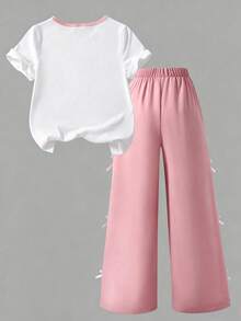 SHEIN Genkimix Kids 两件套女童宽松休闲撞色领结印花短袖T恤搭配纯色蝴蝶结长裤，修身版型，适合夏季旅行、度假、上学和户外活动穿着。 - 粉色 - 查看 2