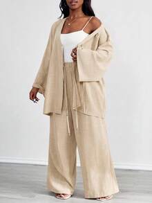 SHEIN PETITE CURVE 大尺碼女款休閒兩件套 前綁帶長袖上衣與長褲套裝 素色米色 適合海灘 正式場合 度假 商務 秋季穿搭 - 卡其色 - 查看 4