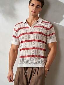 TONEVAULT Vintage Macrame Hollow Out Knit Polo Shirt, American Boho Style, Herringbone Pattern Blue And White Striped Short Sleeve Casual Top For Men Vacation - Red and White - View 5
