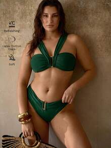 MOTF PREMIUM PLUS SIZE WOMEN'S FRONT CROSS DECONSTRUCTED METAL DECOR HOLLOW OUT ELEGANT ROMANTIC BEACH VACATION BIKINI SET - Dark Green - View 8