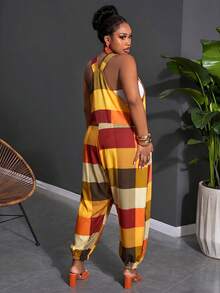 Slaydiva Wedding Guest Boho, Commute, Brunch, Airport, Party Holiday Yellow Plaid Print Pattern Women Hollow Square Contrast Color Casual Jumpsuit, Plus Size - Multicolor - View 2