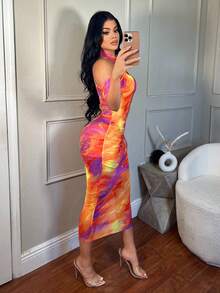 SHEIN SXY Tie-Dye Printed Ruched See-Through One-Shoulder Tight Mesh Summer Elegant Dress - Multicolor - View 5