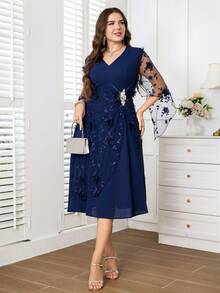 Reflora Plus Size Elegant Party Dress With 3D Floral Decoration Fall - Navy Blue - View 7