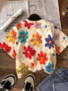 Áo thun cổ tròn tay ngắn cho bé gái tuổi teen, phong cách thường ngày đơn giản dễ thương vui nhộn, họa tiết hoa in vân nổi, màu đỏ vintage, phù hợp mùa xuân/hè, áo thun graphic, thoải mái, kiểu Y2K, vintage - Nhiều màu - Xem 3