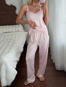 CottageSlumber Conjunto de Pijama Feminino de Todas as Estações em Tecido Canelado de Malha com Estampa de Coração Listrada, Acabamento em Renda Contrastante, Laço, Camisole & Calça Longa, Doce e Sexy, Adequado para Uso Externo - Rosa Bebê - Visão 3