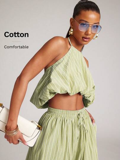 NYA SZN Matching Set Top & Pant Halter Top Balloon Hem Striped Barrel Leg Trouser Jogger Warm Weather Club Day Outfits For Women