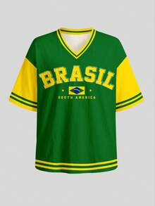 復古時尚綠色字母 BRAZIL、活力陽光黃、黃金海岸、對比領條紋運動風，青少年女孩簡約休閒 T-shirt 開學季、Y2k、Bm、美式復古甜美，戶外野餐、出遊、街拍 - 彩色 - 查看 3