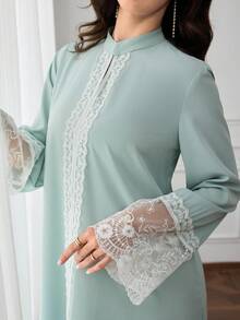 Al Najma Women's Contrast Lace Stand Collar Long Sleeve Elegant Arabian Dress - Green - View 7
