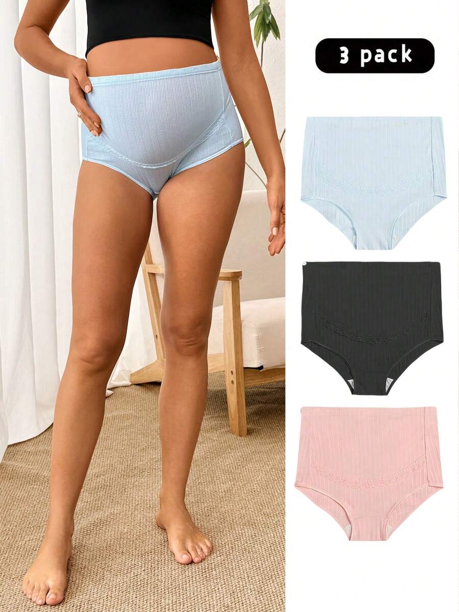 SHEIN 3pcs Maternity Contrast Lace Panties For Mother - Multicolor - View 1