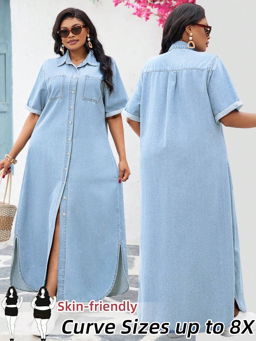 SHEIN CURVE+ 大尺碼度假休閒前扣牛仔洋裝 - 淺色水洗藍 - 查看 1