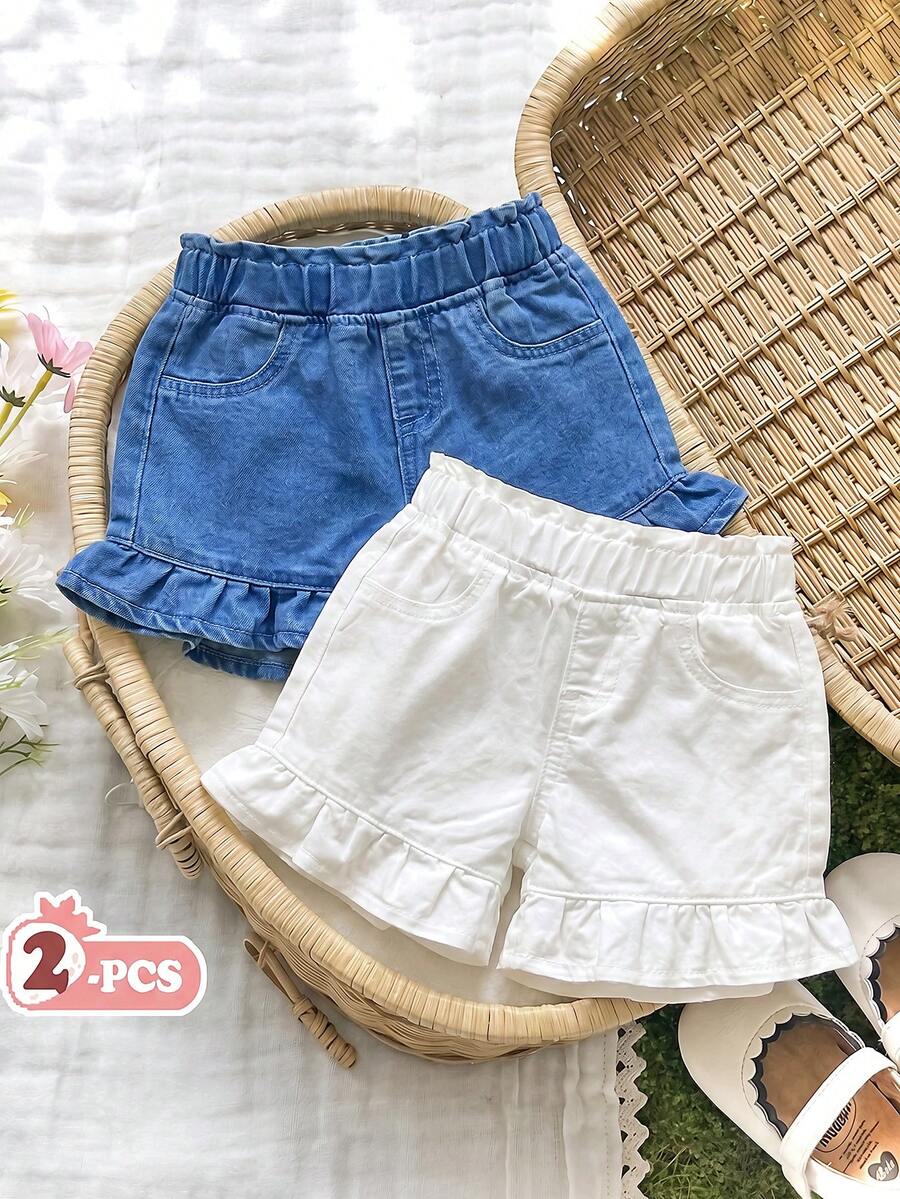 SHEIN 2件套女婴夏季休闲波西米亚风蓝白牛仔宽松短裤套装,适合女婴春夏日常穿着、街头风、节日、派对、海滩、生日、乡村风、毕业典礼、休闲、暑假等场合。 - 藍白色 - 查看 1
