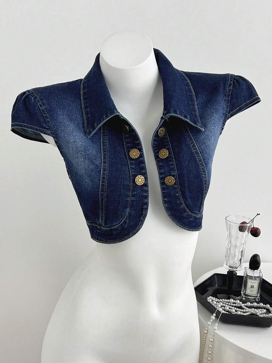 Elamini Women's Spring/Summer Outdoor Vacation Fashion Multi-Button Short Denim Top, All-Season Blue - Medium Wash - View 1