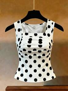 Rafferiza Women's Polka Dot Pleated Casual Versatile Daily Wear Top - Black and White - View 8