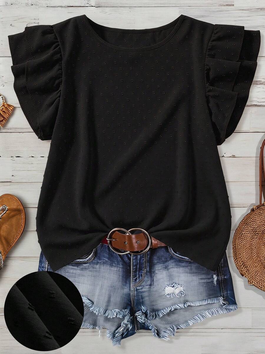 Mellowie Blusa casual de todos los días con cuello redondo, volantes y textura de unicolor para tallas grandes - Negro - Ver 1