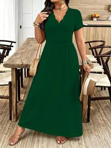 Breezaya Plus Size Women's Wavy Collar Fashion Commuter Long Dress - Dark Green - View 4