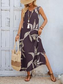 EMERY ROSE Casual Boho Leaf Pattern V-Neck Long Women's Dress Suitable For Spring And Summer Vacation Dark Purple - Brown - View 5