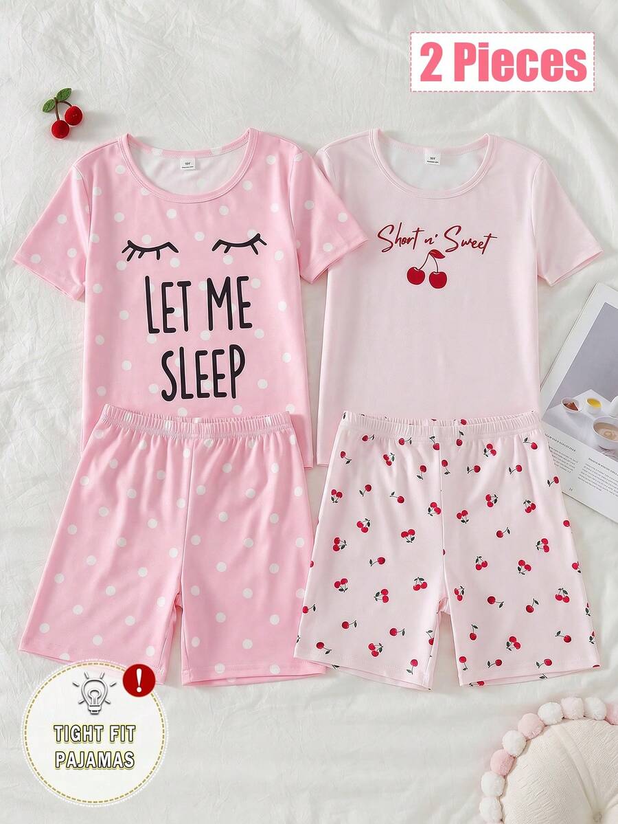 Girls Pink Flamingo Heart Print Short Sleeve Top + Heart Flamingo All-Over Print Shorts Pajama 4-Piece Set, Fitted Loungewear - Pink - View 1
