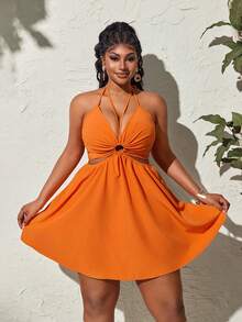 Maweii Plus Size Women's Summer A-Line Cinch Waist Cut-Out Waist Spaghetti Strap Sexy Beach Date Night Vacation Vacation Dress In Burnt Orange - Burnt Orange - View 3