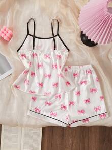 Girls Pajamas, White With Pink Bow Pattern Print, Comfortable Soft Satin Fabric Camisole Top And Shorts, 2 Pieces Loungewear Set - Multicolor - View 2
