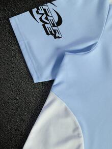 PAVTROS Kemeja Polo Pria Kasual dengan Motif Huruf Blok Warna, Motif Sepak Bola Musim Panas - Biru - View 5