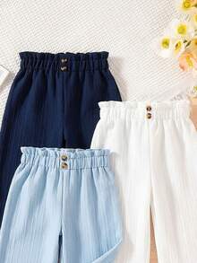 SHEIN Vintaside Kids 3-Piece Set Solid Color Baby Girl Casual Comfortable Versatile Button Wide-Leg Pants, Suitable For Daily Wear In Spring And Autumn, Outdoor - Multicolor - View 3