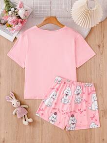 Casual Pullover Children's 10 Years Old Tween Girls Apricot Base Color Cute Puppy Print Pattern Short Sleeve Shorts Home Wear Summer Set - Pink - View 2