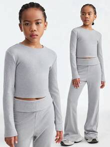 SHEIN Tween Girls Spring/Summer Basic Knit Stretchy Grey Fitted Long Sleeve T-Shirt&Flare Pants,Casual Loungewear,Mom And Daughter Outfits - Grey - View 3