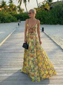 SHEIN SXY Beach Vacation Vacation Lemon Print Hollow Out Backless Spaghetti Strap Dress Beige Summer Tropical - Yellow - View 4