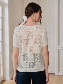 Anewsta White Lightweight Hollow Floral Decor Women's Casual Knit Short Sleeve Top - White - View 2