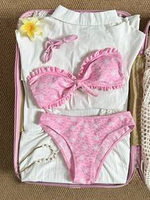 Swim Mod 2026新款女款夏季海灘度假可愛女孩平口式露背性感粉色花紋特殊面料荷葉邊下擺前綁帶高腰比基尼泳衣套裝 - 粉色 - 查看 1
