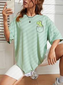 Sundraya Cartoon Graphic Drop Shoulder Tee Graphic Tees Women Tops - Green - View 3