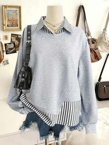 GlowEve 2025 Early Autumn New Fashionable Casual Versatile Design 2 In 1 Linen Striped Patchwork Lapel Collar Autumn Daily Wear Holiday Style Women's Sweatshirt - Grey - View 2