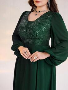 Modelyn Plus Size Women's Solid Color Patchwork Sequin Lantern Sleeve Elegant Dress - Dark Green - View 5