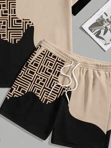 Sorvial Men's Geometric Colorblock Print T-Shirt And Shorts Set, Suitable For Summer Outings - Khaki - View 4